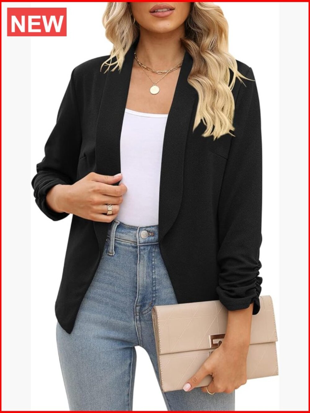 Polyester 3/4 Sleeve Blazer Cardigan Jacket Open Front Work Office